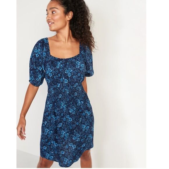 Old Navy Puff-Sleeve Waist-Defined Floral-Print Smocked Mini Dress Size XS - Picture 1 of 9